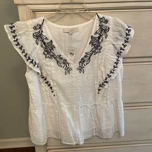 NWT Loft embroidered sleeve flutter blouse